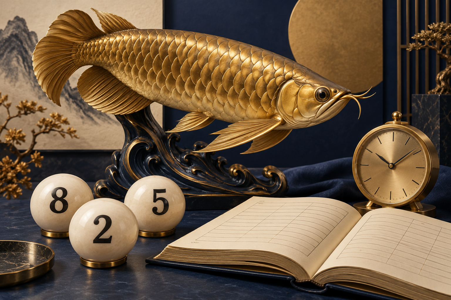 Ilustrasi editorial arwana emas, bola angka dan catatan hasil; bukan tampilan resmi.